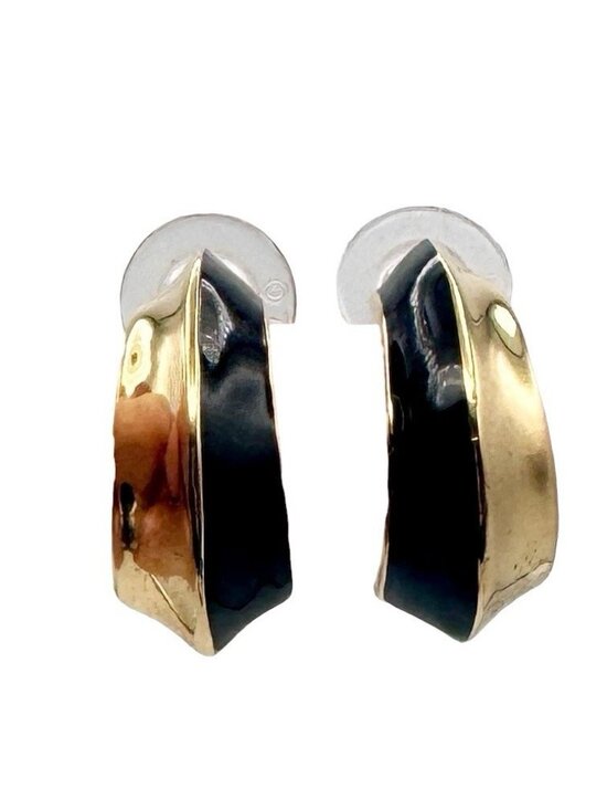 Monet Jewelry - Vintage Monet Black and Gold Enamel Pierced Earrings Half Hoop Statement Chunky